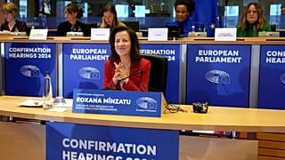Roxana Minzatu, az Európai Unió emberekért, készségekért és felkészültségért felelős ügyvezető alelnökjelöltje az Európai Parlamentben Brüsszelben, 2024. november 12-én