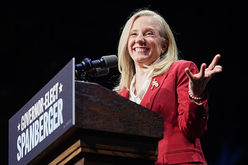 Democrat Abigail Spanberger speaks on stage after she was declared the winner of the Virginia governor's race during an election night watch party Tuesday, Nov. 4, 2025