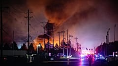 Plumes of smoke rise from the area of a UPS cargo plane crash at Louisville Muhammad Ali International Airport, 4 November, 2025