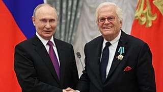 Russian President Vladimir Putin presents German pianist Justus Frantz with the Order of Friendship medal at Russian Federation National Awards in Moscow, 4 November 2025