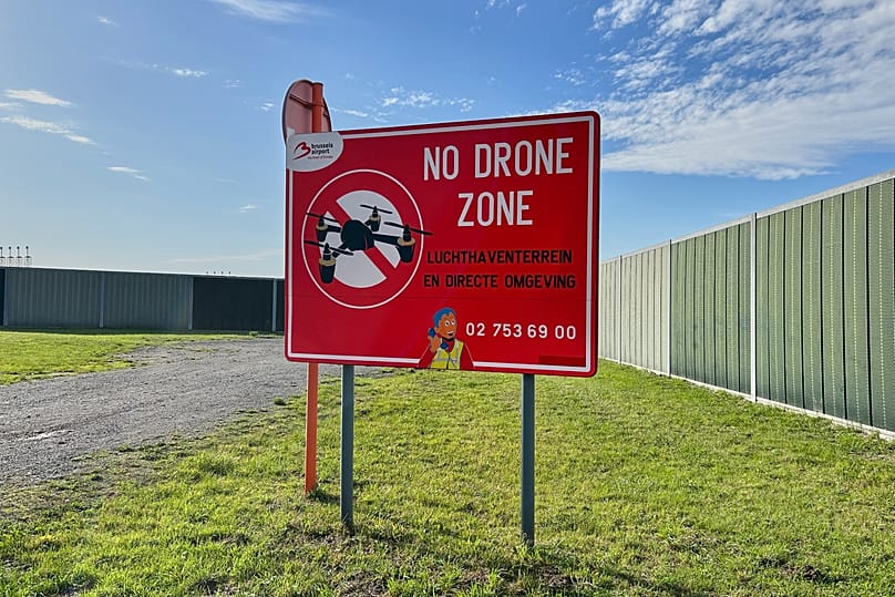 A no drone sign just outside the perimeter of Brussels International Airport in Zaventem, 5 November, 2025
