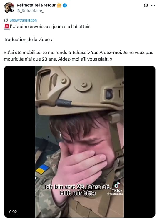 Screenshot in French shows caption 'Ukraine is sending its young people to the slaughter.'