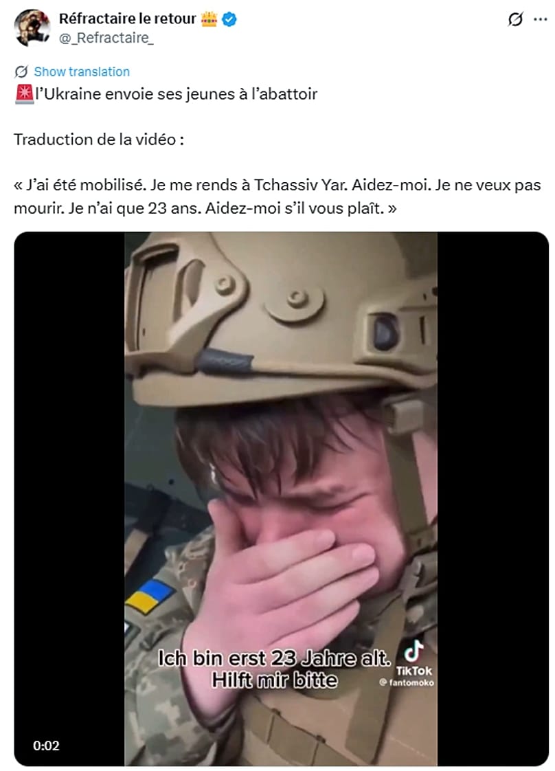 Der Screenshot auf Französisch zeigt die Bildunterschrift: "Die Ukraine schickt ihre jungen Leute in den Schlachthof"