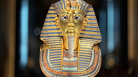 The golden burial mask of King Tutankhamun is displayed during the first day for visitors after the official opening of the Grand Egyptian Museum in Giza