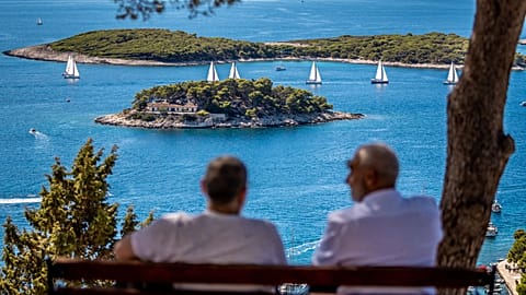 Two men overlook a view in Hvar, Croatia 