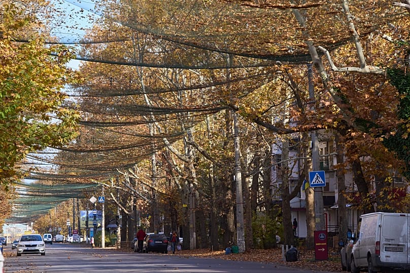 Local residents walk along the street covered with an anti-FPV-drone net in the frontline city of Kherson, Southern Ukraine, Monday, Nov. 3, 2025