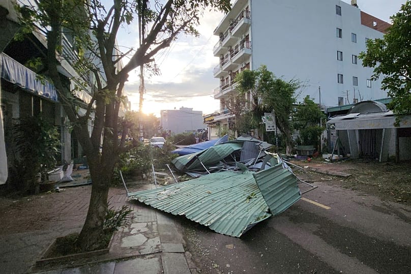 Debris sits on a road in Gai Lai, Vietnam, on Friday, Nov. 7, 2025 after Typhoon Kalmaegi lashed the country with fierce winds and torrential rains