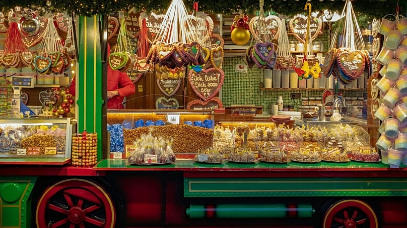 A vibrant Christmas market stall in Berlin
