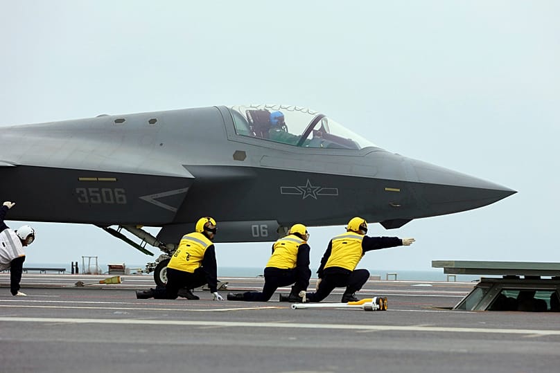 The flight deck of China's third conventionally powered aircraft carrier, the Fujian during the electromagnetic catapult-assisted takeoff training at an undisclosed location