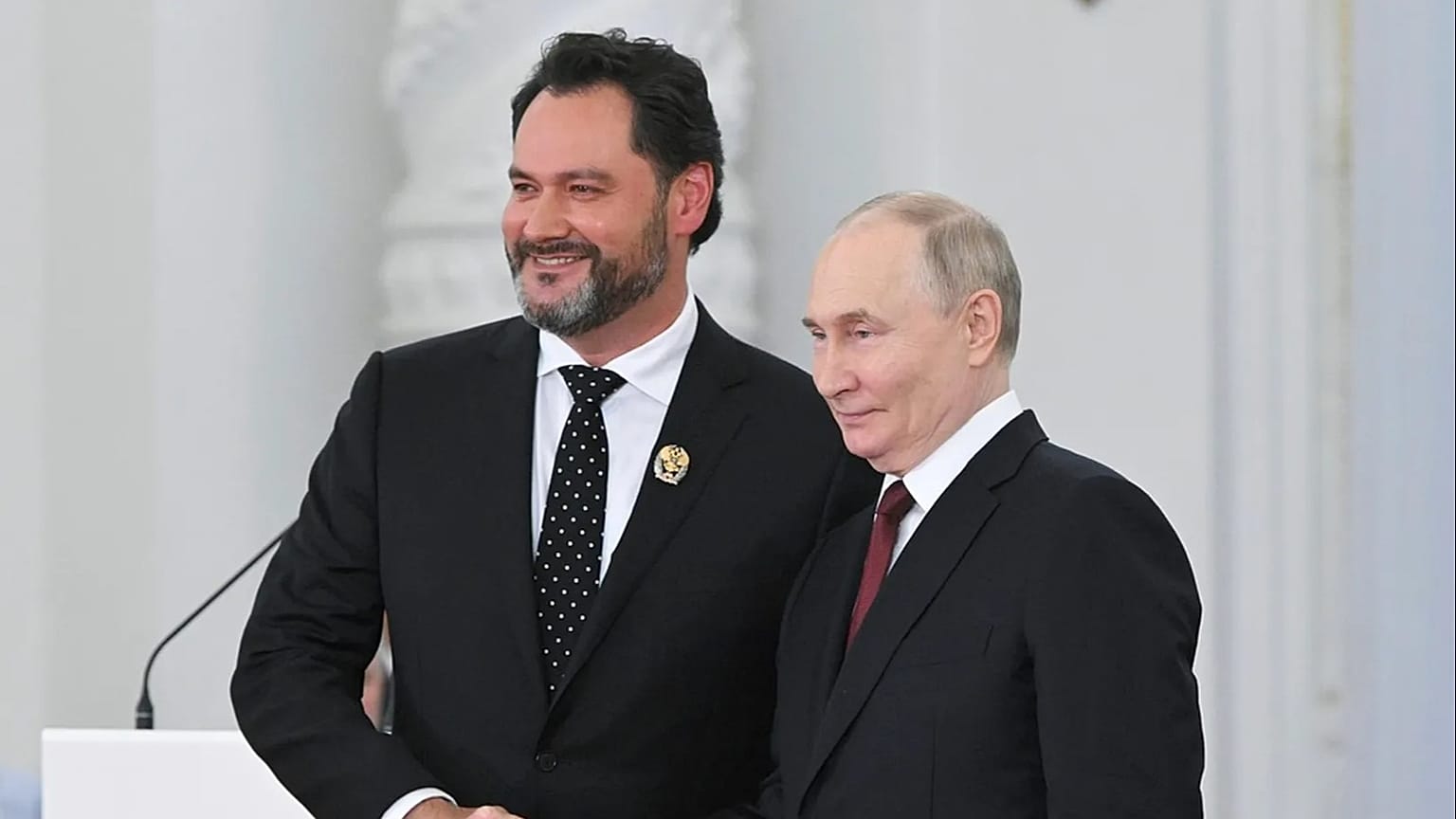 Russian President Vladimir Putin presents an award to Russian bass singer Ildar Abdrazakov at a national awards ceremony in Moscow, Russia, 12.06.24