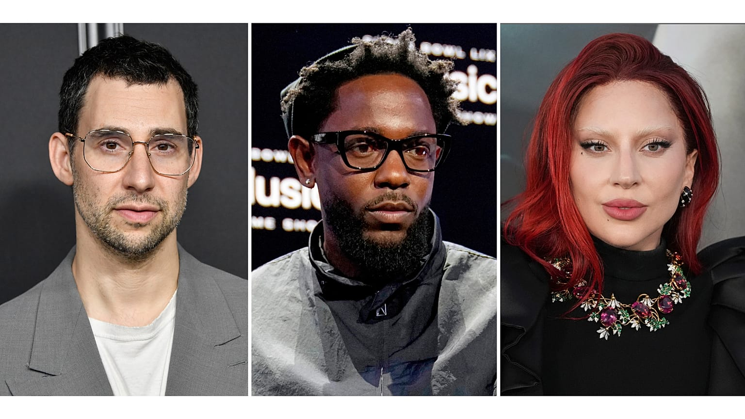 Montagem de fotografias mostra Jack Antonoff, à esquerda, Kendrick Lamar, ao centro, e Lady Gaga