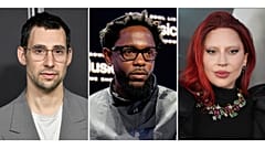 Diese Fotokollage zeigt Jack Antonoff links, Kendrick Lamar in der Mitte und Lady Gaga.