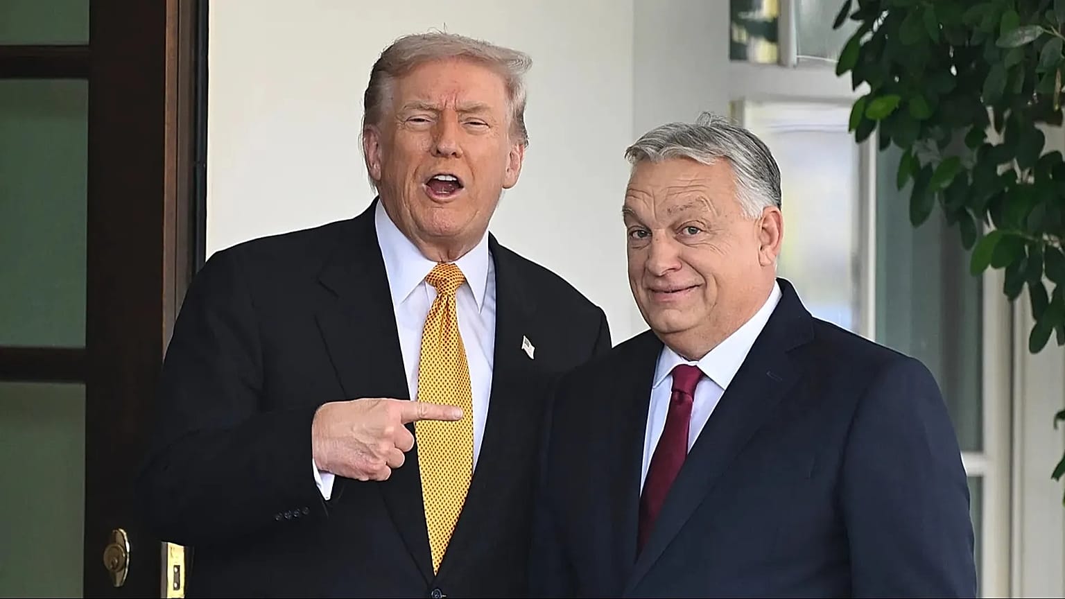 President Donald Trump, left, greets Hungary's Prime Minister Viktor Orban at the White House, Friday, Nov. 7, 2025, in Washington. (AP Photo/John McDonnell)