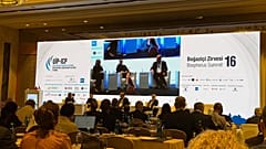 Euronews' Laura Buckwell (L), Birol Ergüven of Limak, Zeynep Harezi of Karpowership and Mehmet Ali Neyzi of Wavegenx are seen at the panel in Istanbul Bosphorus Summit