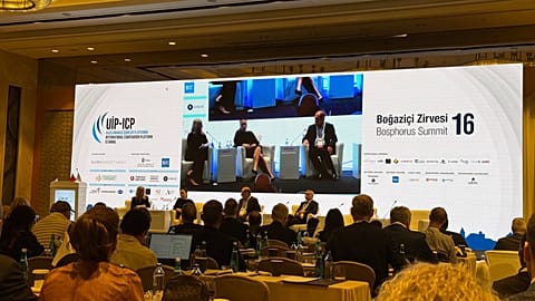 Euronews' Laura Buckwell (L), Birol Ergüven of Limak, Zeynep Harezi of Karpowership and Mehmet Ali Neyzi of Wavegenx are seen at the panel in Istanbul Bosphorus Summit