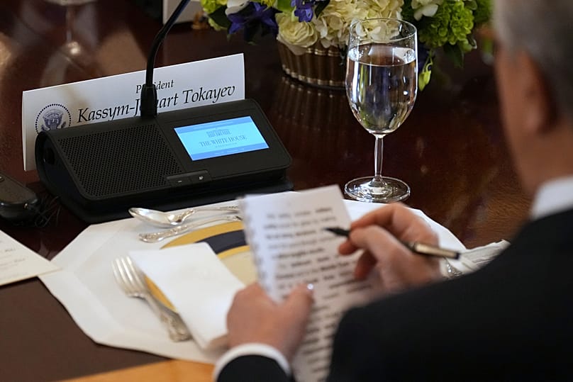 Kazakhstan's President Kassym-Jomart Tokayev attends a dinner alongside leaders from countries in Central Asia, with President Donald Trump, Thursday, Nov. 6, 2025