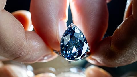 Un employé de Christie's présente le Mellon Blue, un diamant bleu fancy vivid en forme de poire de 9,51 carats, lors de l'avant-vente chez Christie's à Genève, en Suisse