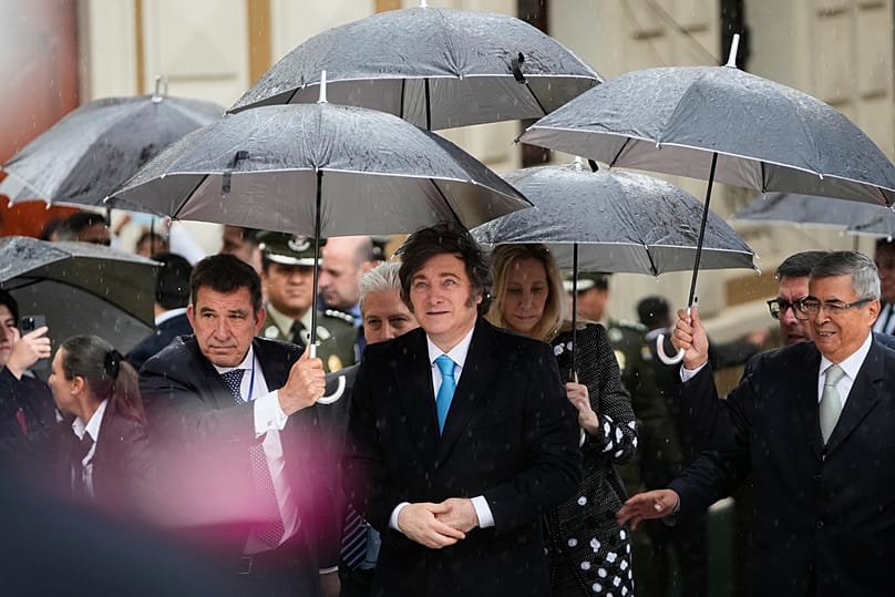Argentina's President Javier Milei arrives for the swearing-in ceremony of President Rodrigo Paz in La Paz, Bolivia, Saturday, Nov. 8, 2025