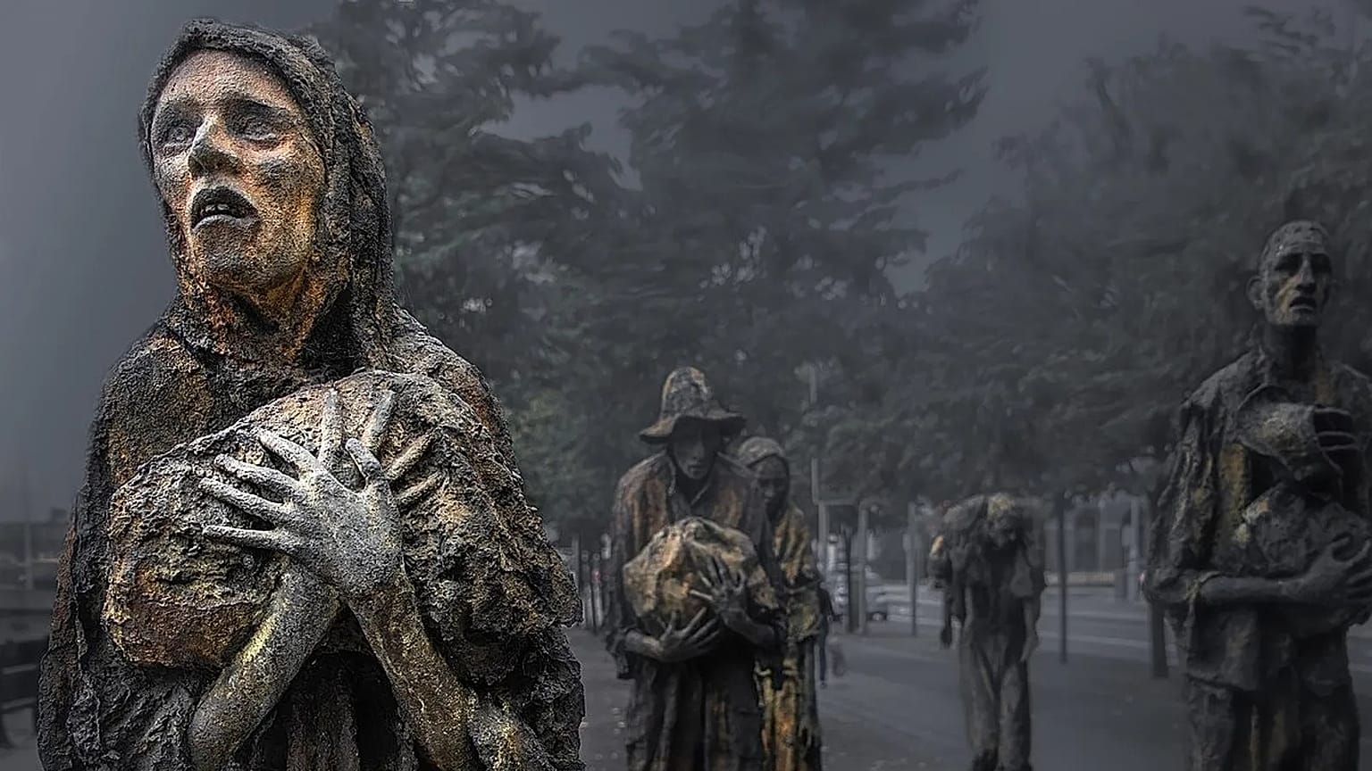 Dublinli heykeltıraş Rowan Gillespie'in 19. yüzyıldaki Büyük Kıtlık'ı anmak için tasarladığı heykeller.