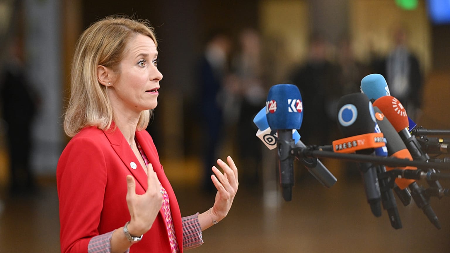 FILE: EU foreign policy chief Kaja Kallas speaks with the media as she arrives for an EU Summit at the European Council building in Brussels, Thursday, 23 October 2025