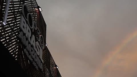 A rainbow is visible near the logo for the COP30 U.N. Climate Summit, Saturday, Nov. 8, 2025, in Belem, Brazil.