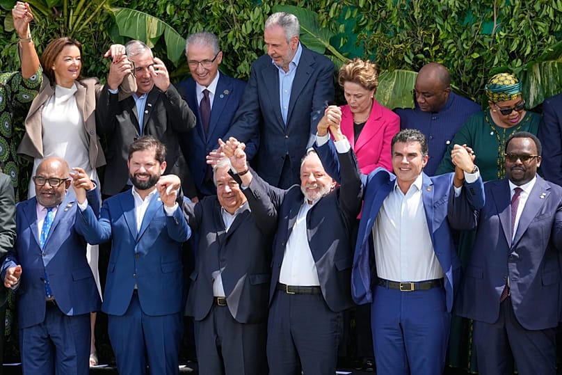 Leaders pose for a group photo at the COP30 UN Climate Summit in Belem, Brazil, Friday, Nov. 7, 2025. 