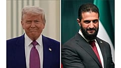 الرئيس الأميركي دونالد ترامب، على اليسار، في الرياض، المملكة العربية السعودية، في 13 مايو 2025، والرئيس السوري أحمد الشرع في أنقرة، تركيا، في 4 فبراير 2025.