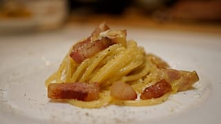 Pasta alla carbonara, one of the most iconic and global dishes of Italian cuisine, in a photo taken at the 2019 Carbonara day in Rome