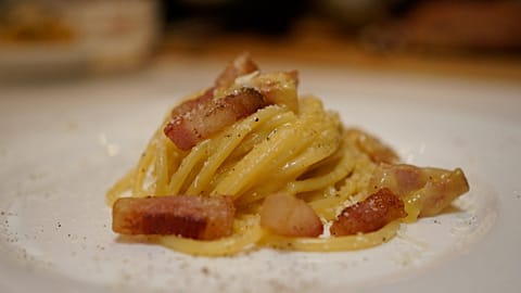 Pasta alla carbonara, one of the most iconic and global dishes of Italian cuisine, in a photo taken at the 2019 Carbonara day in Rome