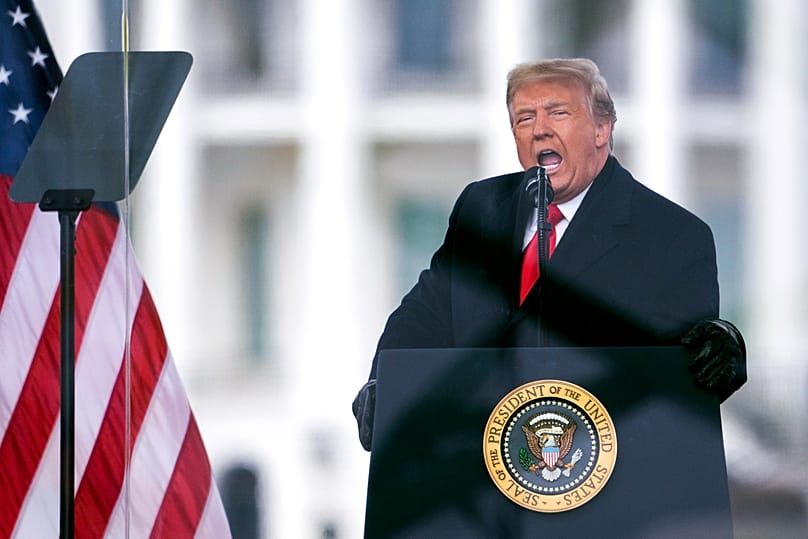 US President Donald Trump speaks during a rally protesting the Electoral College certification of Joe Biden's win in Washington, 6 January, 2021