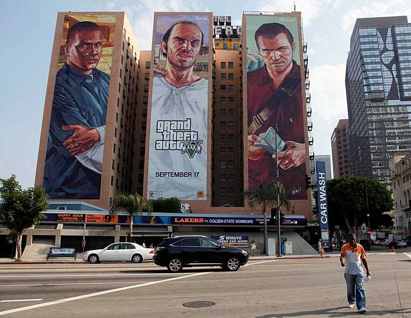 A "Grand Theft Auto V" billboard is displayed at Figueroa Hotel on Sept. 10, 2013, in Los Angeles