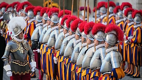 Pontifical Swiss Guards cadets during their swearing in ceremony in the St. Damasus courtyard at the Vatican, 4 October, 2025