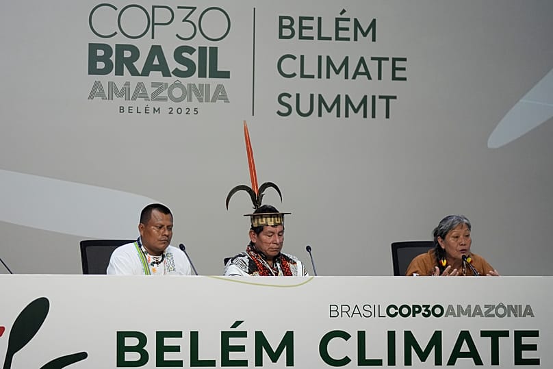 Indigenous peoples Samuel Pinedo, Cline Jorge Chauca Lopez and Teresita Irene Antazu Lopez speak on fires and droughts in the Amazon at the COP30. Nov. 10 2025, Belém, Brazil.