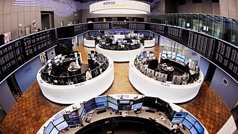 FILE - In this March 27, 2017 file photo, a general view of the trading room at the German stock market pictured in Frankfurt, Germany.