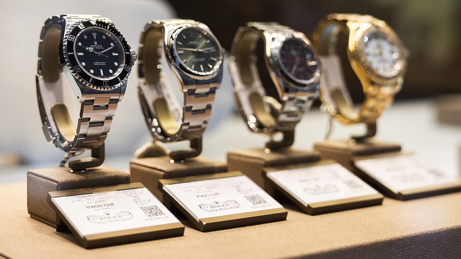 FILE - Watches made by Swiss watch manufacturer Rolex are seen on display in Bern, Switzerland, Friday, Aug. 8, 2025. (Peter Klaunzer/Keystone via AP)