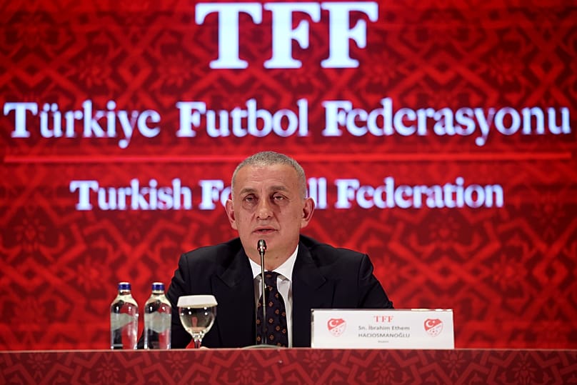 Turkish Football Federation president Ibrahim Hacıosmanoğlu talks during a news conference in Istanbul, 27 October, 2025