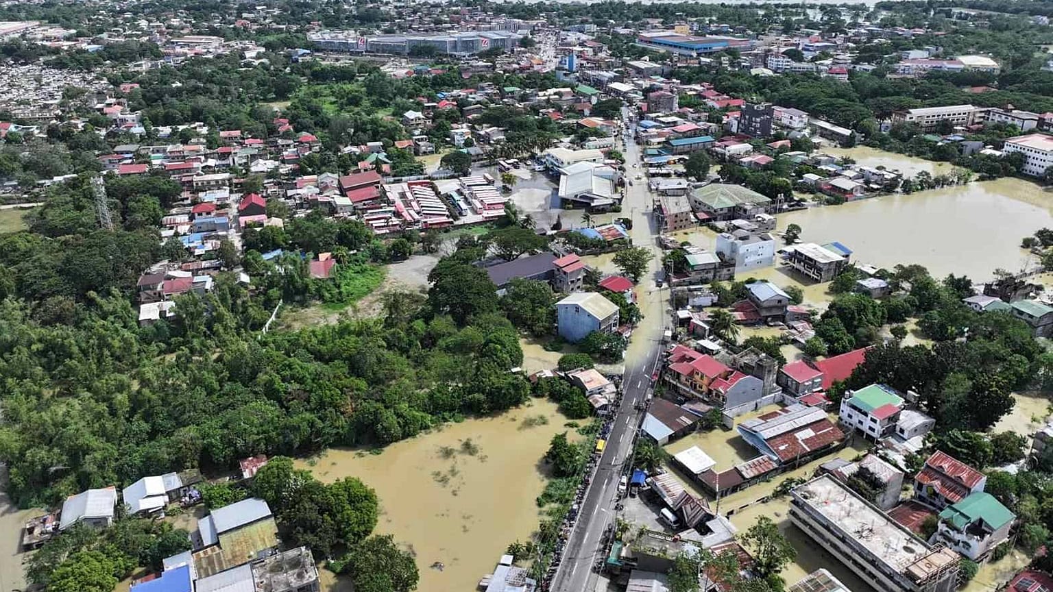 A town is surrounded by floodwaters after the onslaught of Typhoon Fung-wong in Cagayan province, northern Philippines on Tuesday Nov. 11 2025