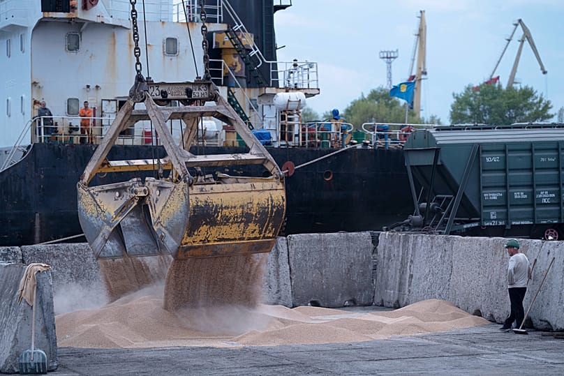 Workers load grain at a grain port in Izmail, 26 April, 2023