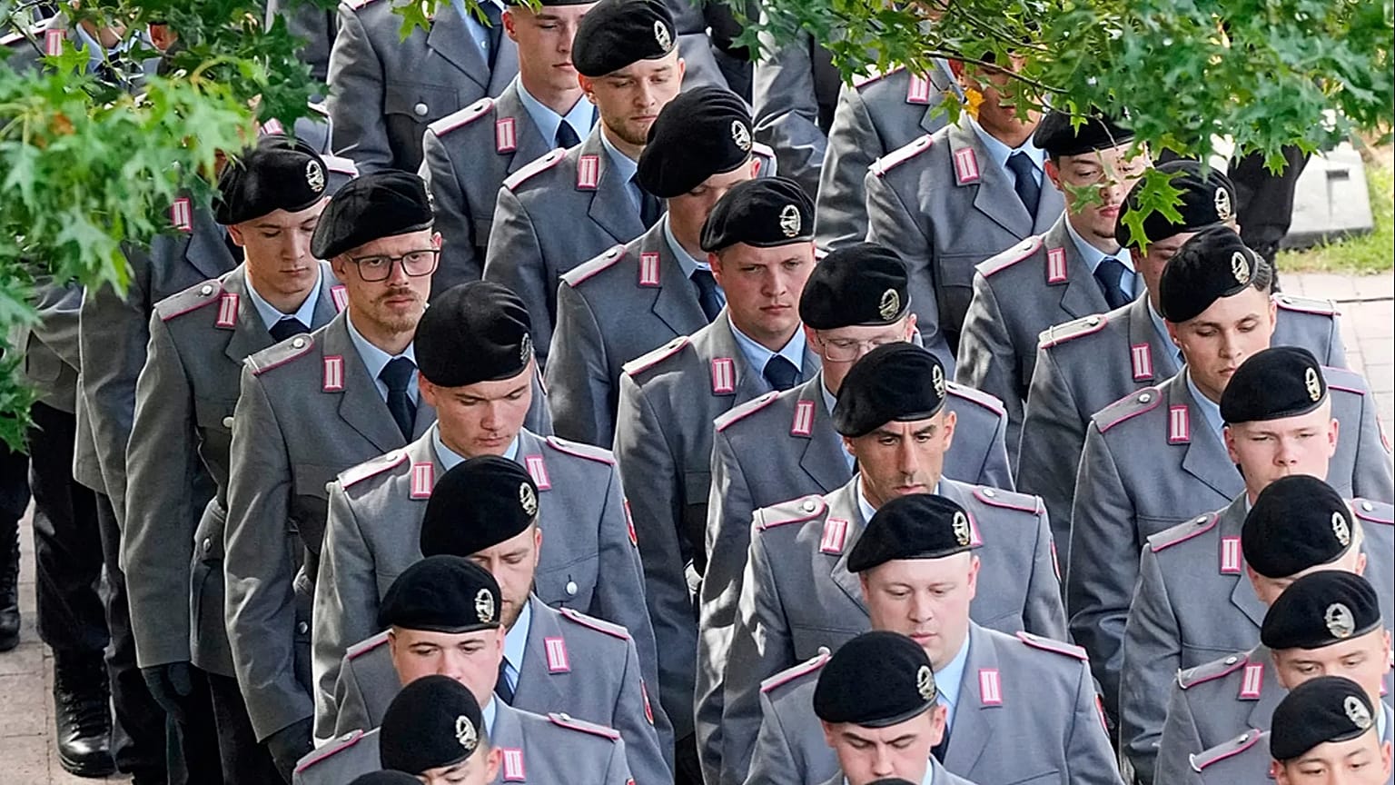 New recruits of the German Army Bundeswehr attend a ceremony to take their oath in front of the North Rhine-Westphalia state parliament in Duesseldorf, Germany, Sept 4 2025.