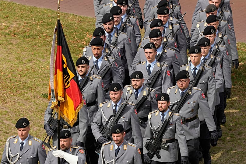 New recruits of the German Army Bundeswehr attend a ceremony to take their oath in front of the North Rhine-Westphalia state parliament in Duesseldorf, Germany, Thursday