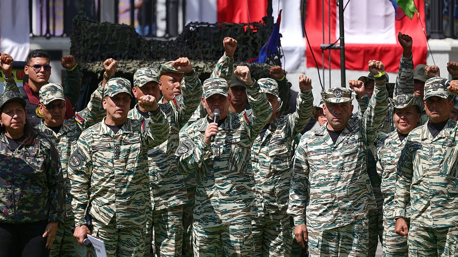 Venezuelan Defense Minister Vladimir Padrino Lopez, center, speaks during military exercises in Caracas, Venezuela, Saturday, Oct. 4, 2025.