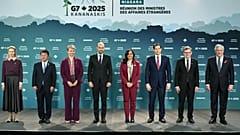 Foreign Ministers, from left, European Union's Kaja Kallas, Japan's Toshimitsu Motegi, Britain's Yvette Cooper, France's Jean-Noel Barrot, Canada's Anita Anand, U.S. Secretary