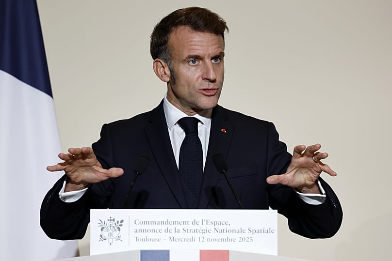 French President Emmanuel Macron delivers a speech at the Air Base 101 to inaugurate the French Space Command in Toulouse, 12 November, 2025