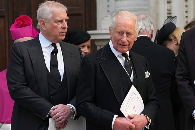Prince Andrew and King Charles leave after the Requiem Mass service for the Duchess of Kent at Westminster Cathedral in London, 16 September, 2025