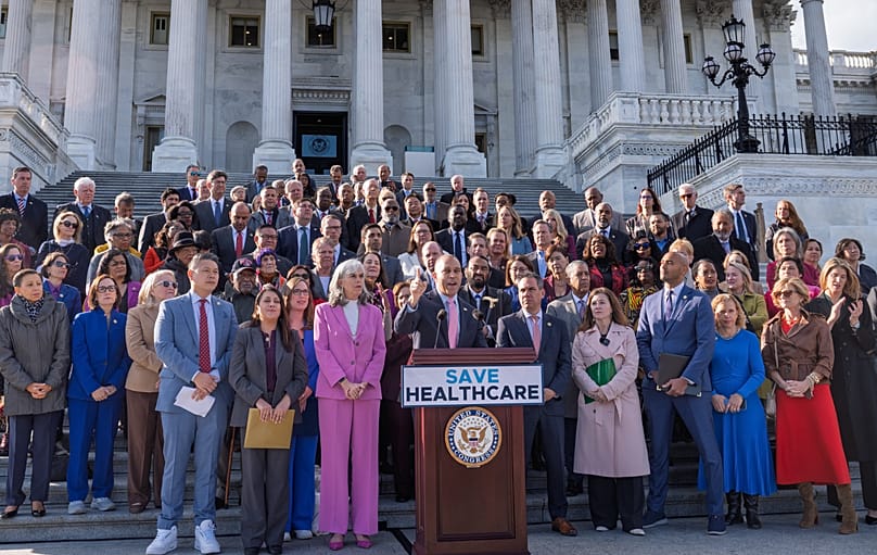 House Minority Leader Hakeem Jeffries and fellow Democrats speak on funding health care on the steps of the House before votes to end the government shutdown, Nov. 12, 2025.
