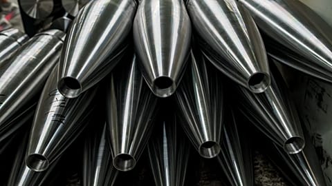 Kute stalowe korpusy pocisków artyleryjskich w największym państwowym przedsiębiorstwie wojskowym w Bułgarii, "Vazov Machine-Building Works" (VMZ) w Sopocie. 