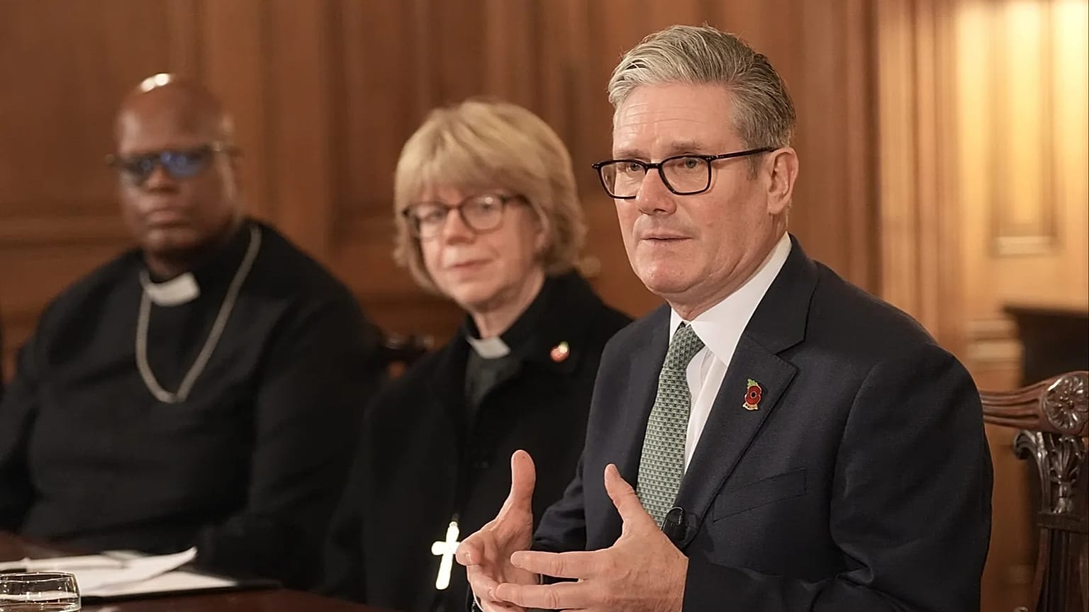 FILE - Britain's Prime Minister Sir Keir Starmer, center. with faith leaders ahead of a roundtable discussion and reception in number 10 Downing Street. 