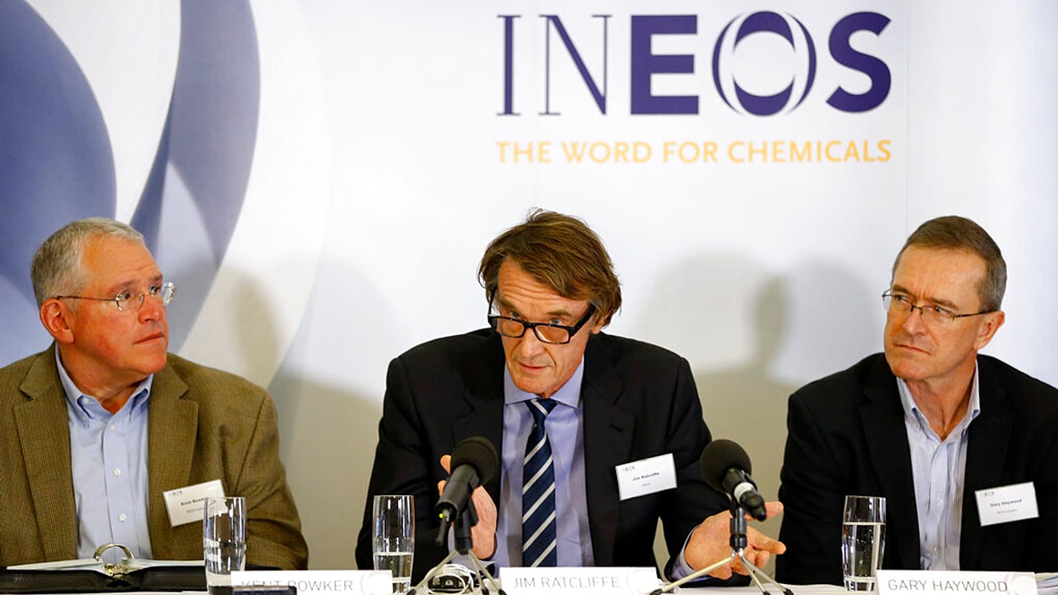 Jim Ratcliffe, Chairman of Ineos, centre, during a press conference in London.