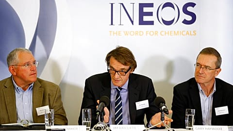Jim Ratcliffe, Chairman of Ineos, centre, during a press conference in London.