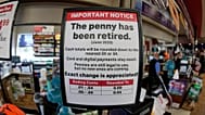 FILE - A sign in a Kwik Trip store shows the store will no longer be using pennies to give change, Oct. 23, 2025, in Yorkville, Wis.